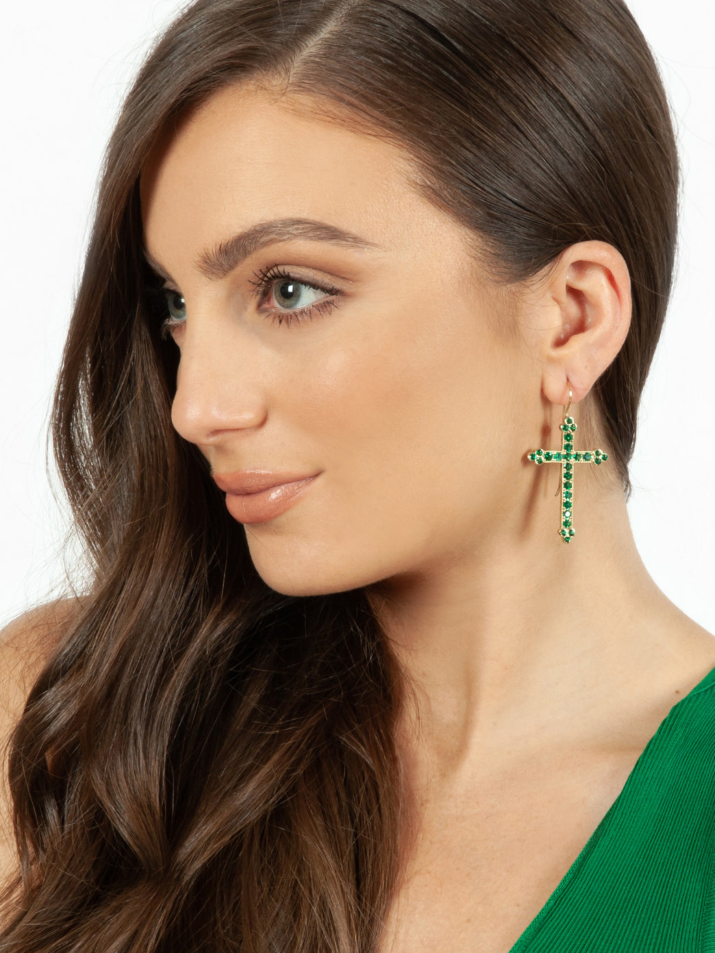 Fiorina Jewellery Gold Victoria Cross Emerald Earrings Model