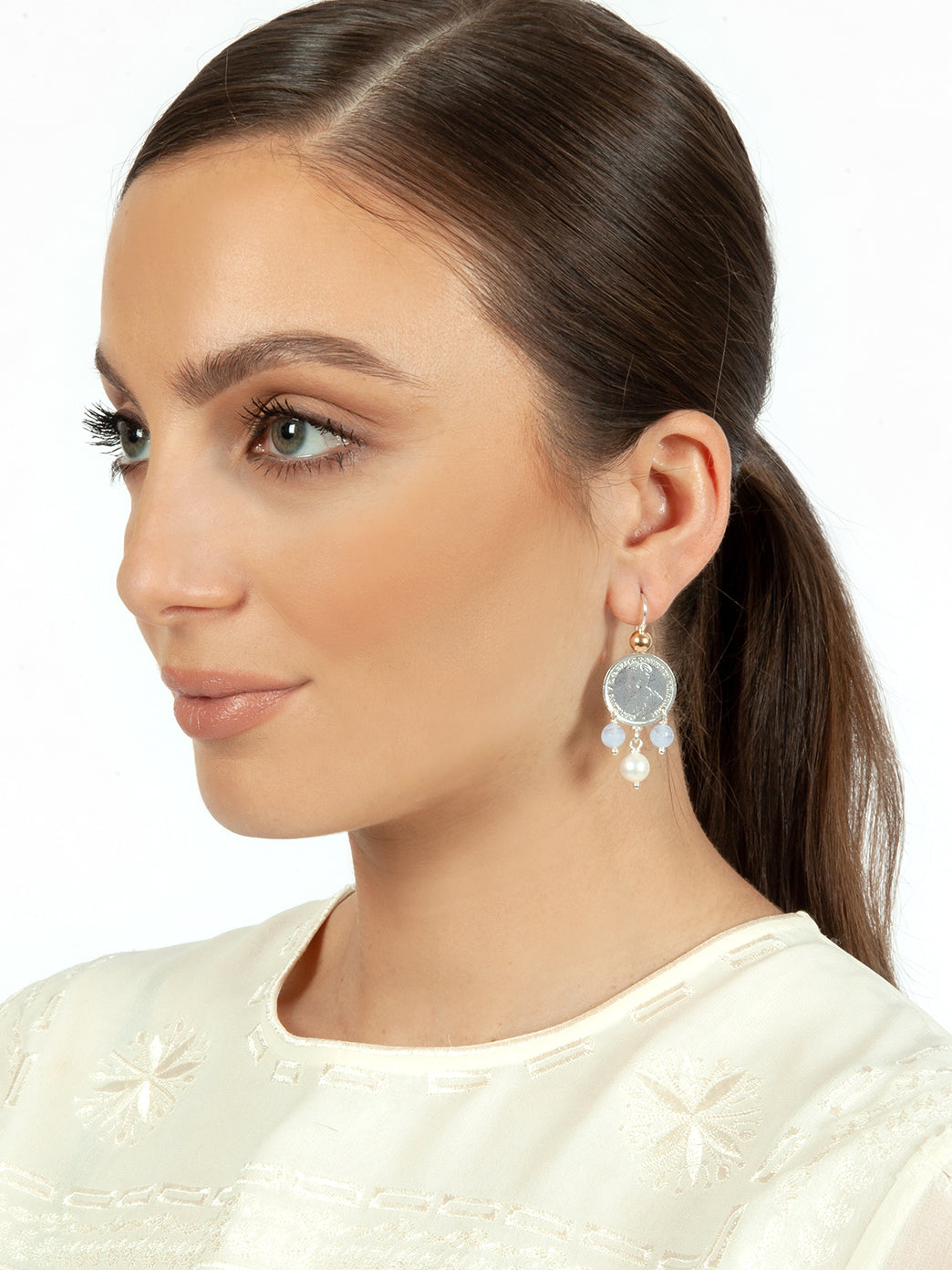 Fiorina Jewellery Mid Coin 3 Drop Earrings Chalcedony Model